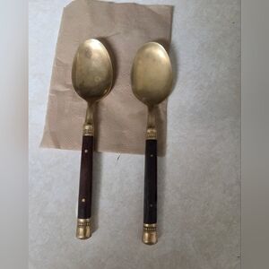 Vintage Mid Century MCM Thai Bronze & Rosewood Spoons - Set of 2